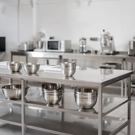 Professional restaurant kitchen with kitchen equipment and stainless steel tables. Interior with no people